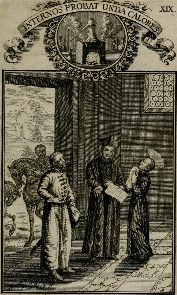 An illustration from Philosophia sacra, sive, Vita divi Stanislai Kostka, Soc. Jesu : iconismis et documentis moralibus illustr[a]ta, ac ejusdem divi praeviis apotheoseos honoribus humillimè consecrata, 1715, leaf 122