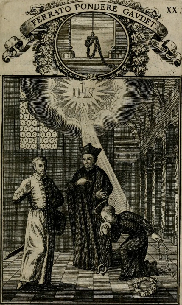 An illustration from Philosophia sacra, sive, Vita divi Stanislai Kostka, Soc. Jesu : iconismis et documentis moralibus illustr[a]ta, ac ejusdem divi praeviis apotheoseos honoribus humillimè consecrata, 1715, leaf 128