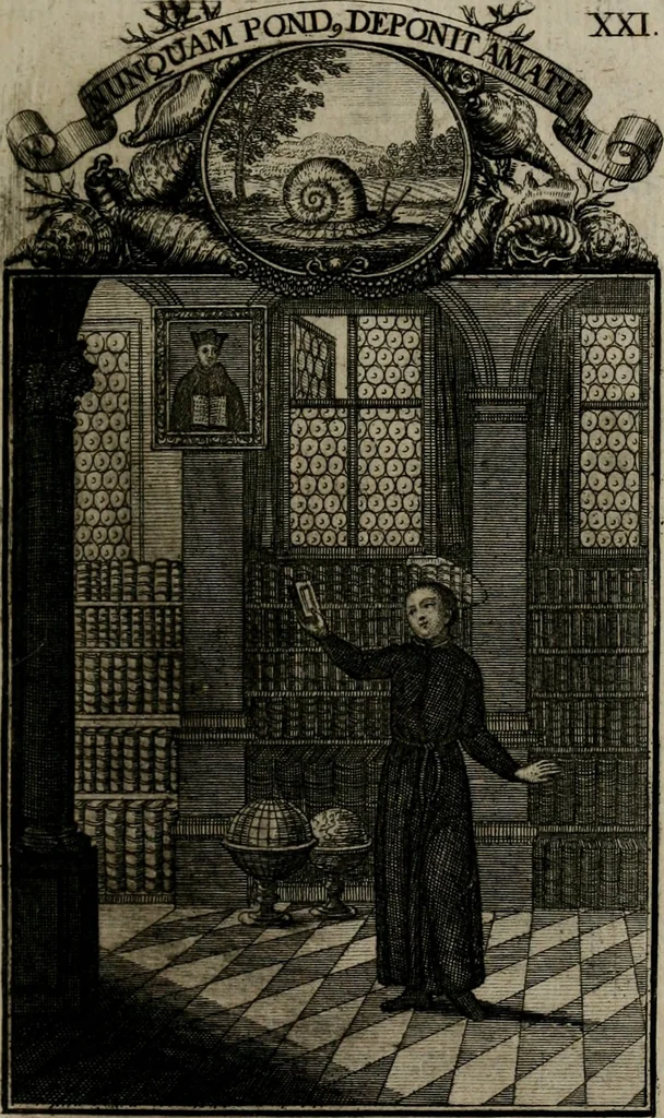 An illustration from Philosophia sacra, sive, Vita divi Stanislai Kostka, Soc. Jesu : iconismis et documentis moralibus illustr[a]ta, ac ejusdem divi praeviis apotheoseos honoribus humillimè consecrata, 1715, leaf 134