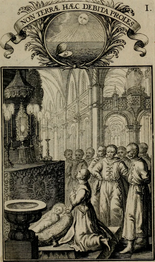 An illustration from Philosophia sacra, sive, Vita divi Stanislai Kostka, Soc. Jesu : iconismis et documentis moralibus illustr[a]ta, ac ejusdem divi praeviis apotheoseos honoribus humillimè consecrata, 1715, leaf 14