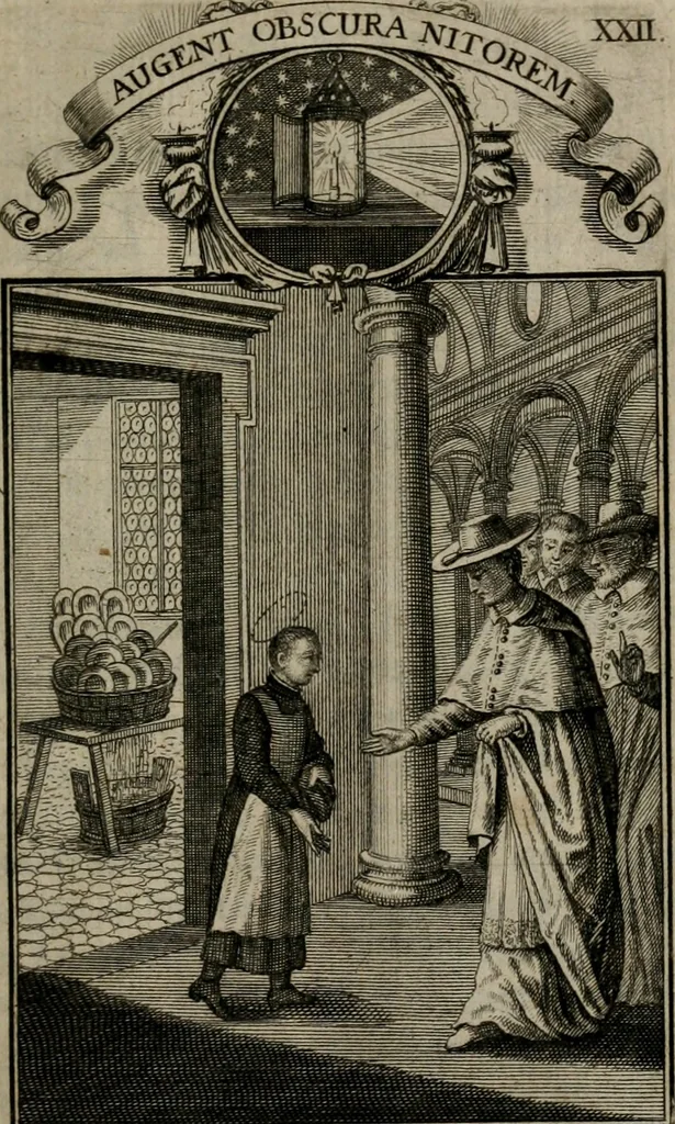 An illustration from Philosophia sacra, sive, Vita divi Stanislai Kostka, Soc. Jesu : iconismis et documentis moralibus illustr[a]ta, ac ejusdem divi praeviis apotheoseos honoribus humillimè consecrata, 1715, leaf 140