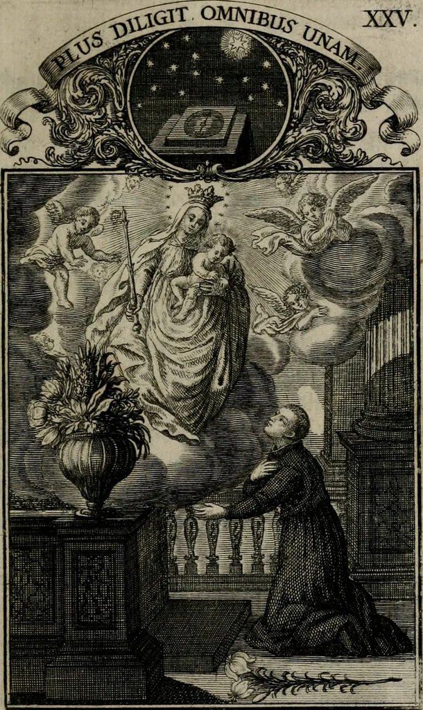 An illustration from Philosophia sacra, sive, Vita divi Stanislai Kostka, Soc. Jesu : iconismis et documentis moralibus illustr[a]ta, ac ejusdem divi praeviis apotheoseos honoribus humillimè consecrata, 1715, leaf 158