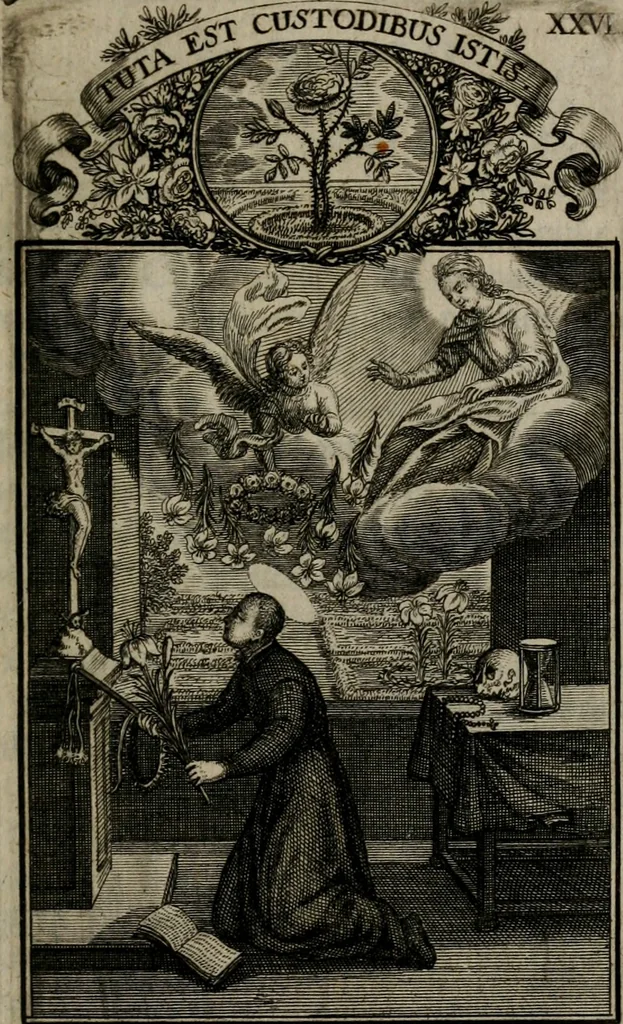 An illustration from Philosophia sacra, sive, Vita divi Stanislai Kostka, Soc. Jesu : iconismis et documentis moralibus illustr[a]ta, ac ejusdem divi praeviis apotheoseos honoribus humillimè consecrata, 1715, leaf 164