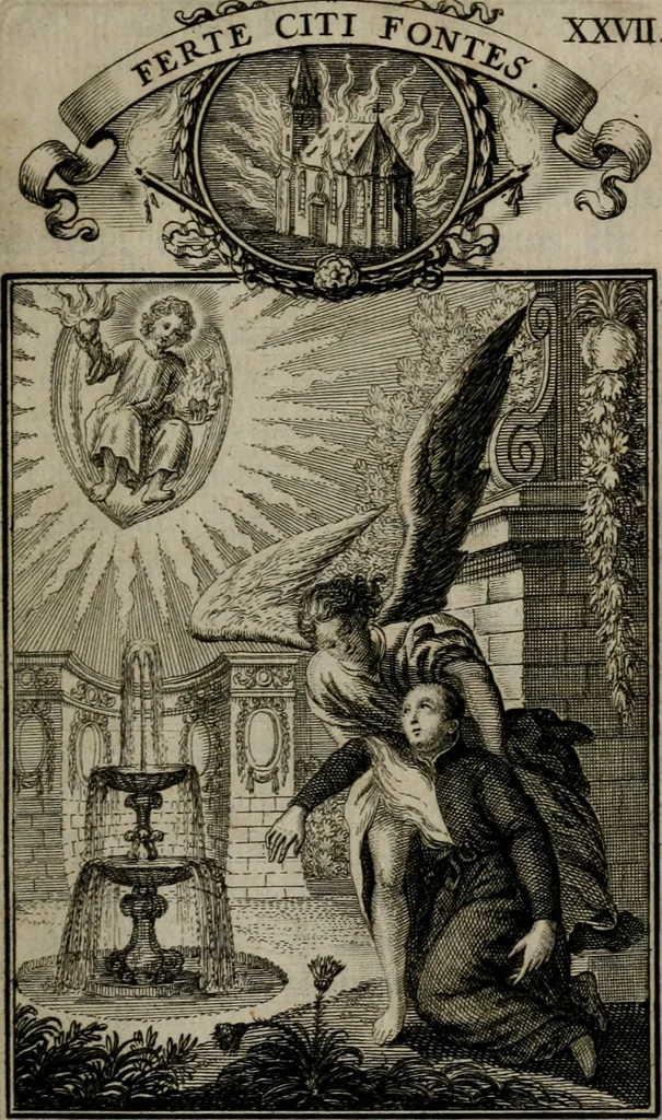 An illustration from Philosophia sacra, sive, Vita divi Stanislai Kostka, Soc. Jesu : iconismis et documentis moralibus illustr[a]ta, ac ejusdem divi praeviis apotheoseos honoribus humillimè consecrata, 1715, leaf 170