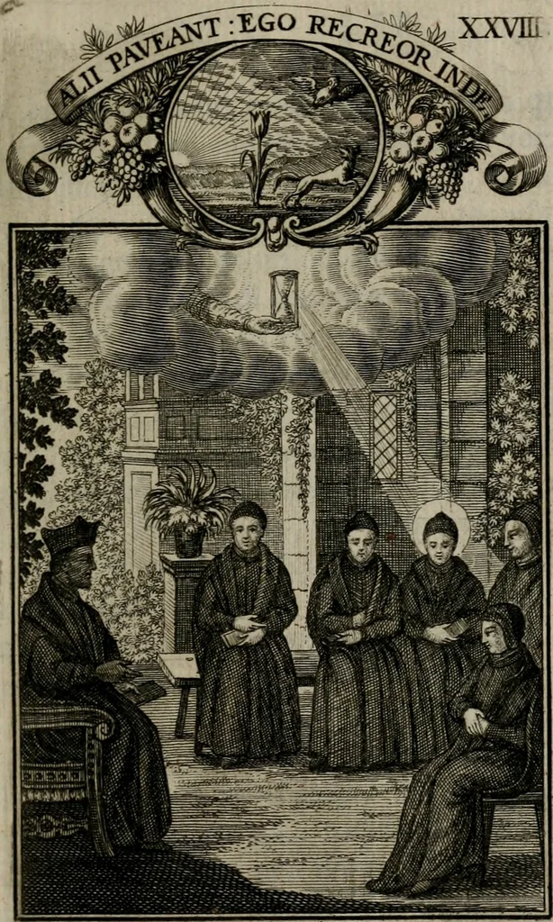 An illustration from Philosophia sacra, sive, Vita divi Stanislai Kostka, Soc. Jesu : iconismis et documentis moralibus illustr[a]ta, ac ejusdem divi praeviis apotheoseos honoribus humillimè consecrata, 1715, leaf 176