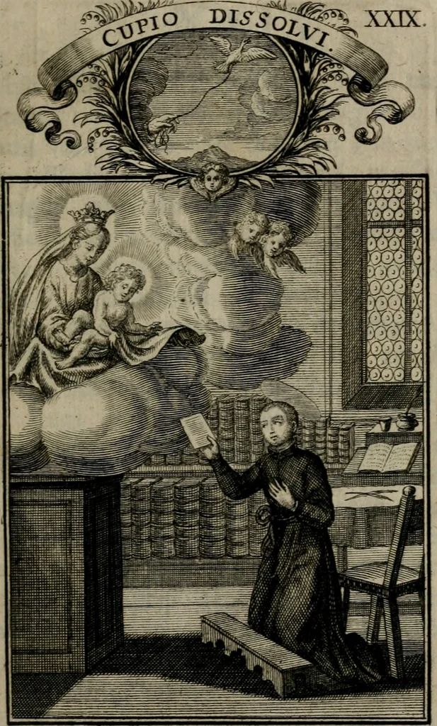 An illustration from Philosophia sacra, sive, Vita divi Stanislai Kostka, Soc. Jesu : iconismis et documentis moralibus illustr[a]ta, ac ejusdem divi praeviis apotheoseos honoribus humillimè consecrata, 1715, leaf 182