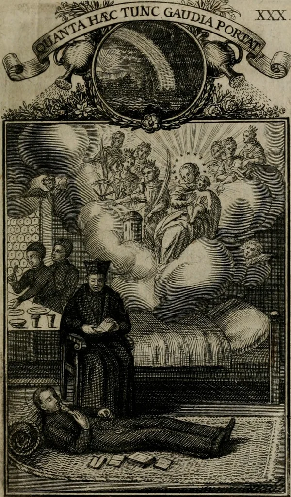 An illustration from Philosophia sacra, sive, Vita divi Stanislai Kostka, Soc. Jesu : iconismis et documentis moralibus illustr[a]ta, ac ejusdem divi praeviis apotheoseos honoribus humillimè consecrata, 1715, leaf 188