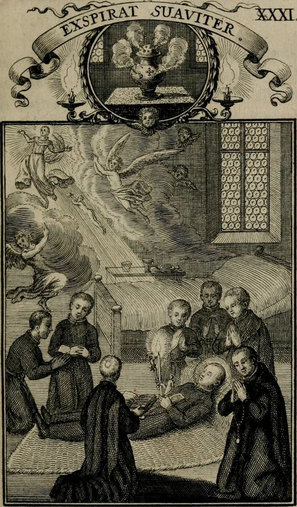 An illustration from Philosophia sacra, sive, Vita divi Stanislai Kostka, Soc. Jesu : iconismis et documentis moralibus illustr[a]ta, ac ejusdem divi praeviis apotheoseos honoribus humillimè consecrata, 1715, leaf 194