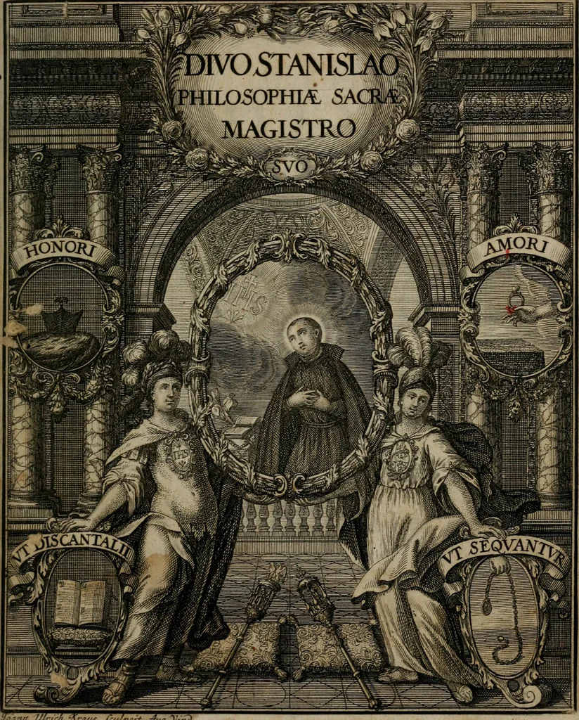 An illustration from Philosophia sacra, sive, Vita divi Stanislai Kostka, Soc. Jesu : iconismis et documentis moralibus illustr[a]ta, ac ejusdem divi praeviis apotheoseos honoribus humillimè consecrata, 1715, leaf 2