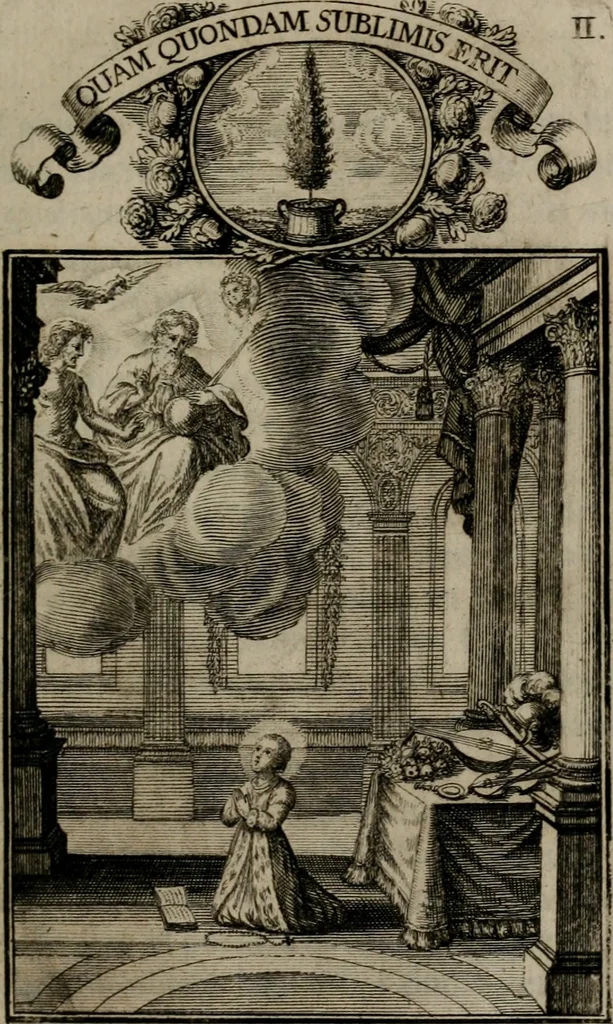 An illustration from Philosophia sacra, sive, Vita divi Stanislai Kostka, Soc. Jesu : iconismis et documentis moralibus illustr[a]ta, ac ejusdem divi praeviis apotheoseos honoribus humillimè consecrata, 1715, leaf 20