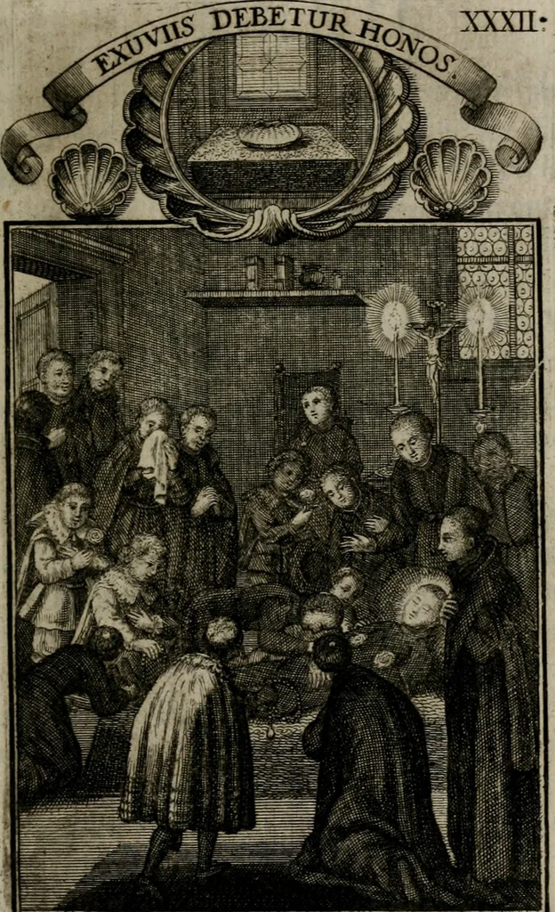 An illustration from Philosophia sacra, sive, Vita divi Stanislai Kostka, Soc. Jesu : iconismis et documentis moralibus illustr[a]ta, ac ejusdem divi praeviis apotheoseos honoribus humillimè consecrata, 1715, leaf 200