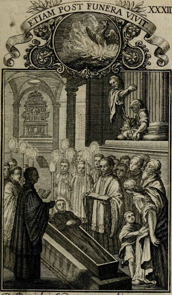 An illustration from Philosophia sacra, sive, Vita divi Stanislai Kostka, Soc. Jesu : iconismis et documentis moralibus illustr[a]ta, ac ejusdem divi praeviis apotheoseos honoribus humillimè consecrata, 1715, leaf 206