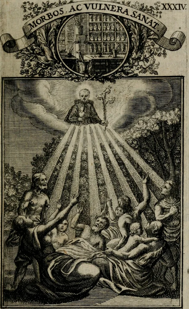 An illustration from Philosophia sacra, sive, Vita divi Stanislai Kostka, Soc. Jesu : iconismis et documentis moralibus illustr[a]ta, ac ejusdem divi praeviis apotheoseos honoribus humillimè consecrata, 1715, leaf 212