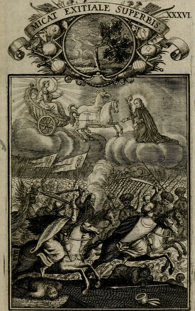 An illustration from Philosophia sacra, sive, Vita divi Stanislai Kostka, Soc. Jesu : iconismis et documentis moralibus illustr[a]ta, ac ejusdem divi praeviis apotheoseos honoribus humillimè consecrata, 1715, leaf 224