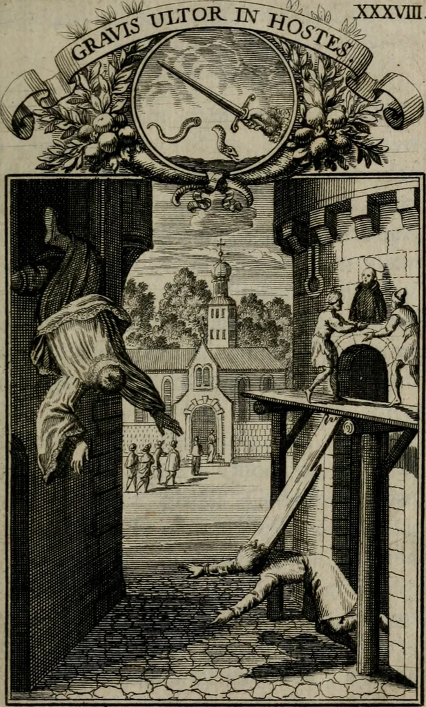 An illustration from Philosophia sacra, sive, Vita divi Stanislai Kostka, Soc. Jesu : iconismis et documentis moralibus illustr[a]ta, ac ejusdem divi praeviis apotheoseos honoribus humillimè consecrata, 1715, leaf 236