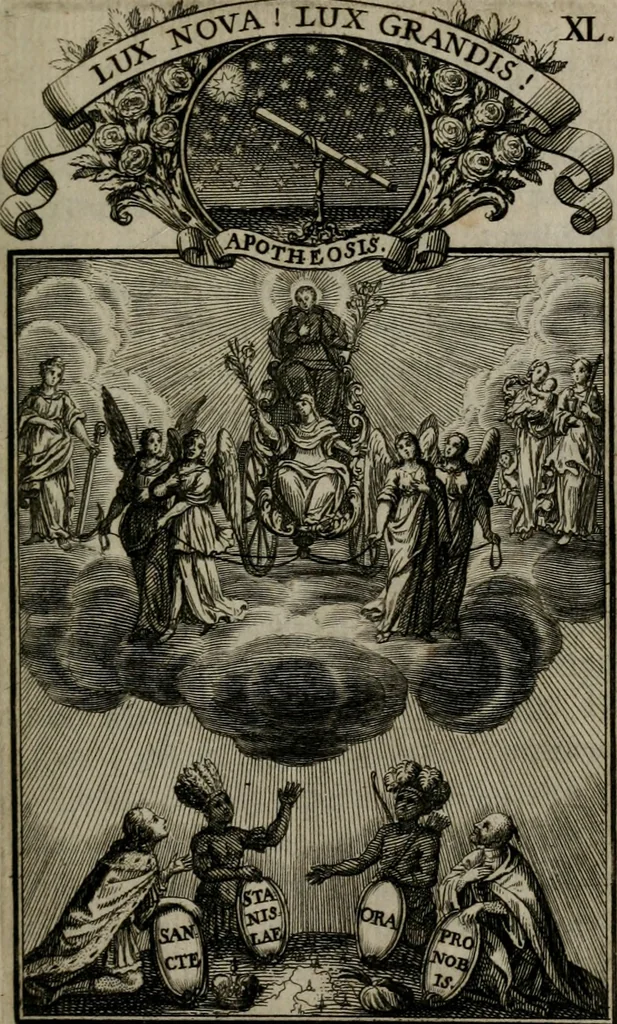 An illustration from Philosophia sacra, sive, Vita divi Stanislai Kostka, Soc. Jesu : iconismis et documentis moralibus illustr[a]ta, ac ejusdem divi praeviis apotheoseos honoribus humillimè consecrata, 1715, leaf 248