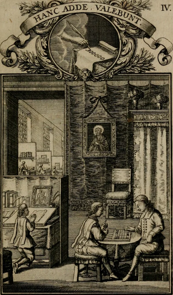 An illustration from Philosophia sacra, sive, Vita divi Stanislai Kostka, Soc. Jesu : iconismis et documentis moralibus illustr[a]ta, ac ejusdem divi praeviis apotheoseos honoribus humillimè consecrata, 1715, leaf 32