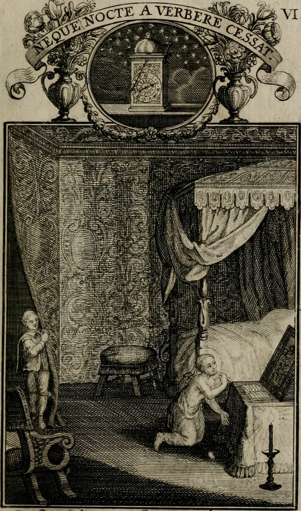 An illustration from Philosophia sacra, sive, Vita divi Stanislai Kostka, Soc. Jesu : iconismis et documentis moralibus illustr[a]ta, ac ejusdem divi praeviis apotheoseos honoribus humillimè consecrata, 1715, leaf 44