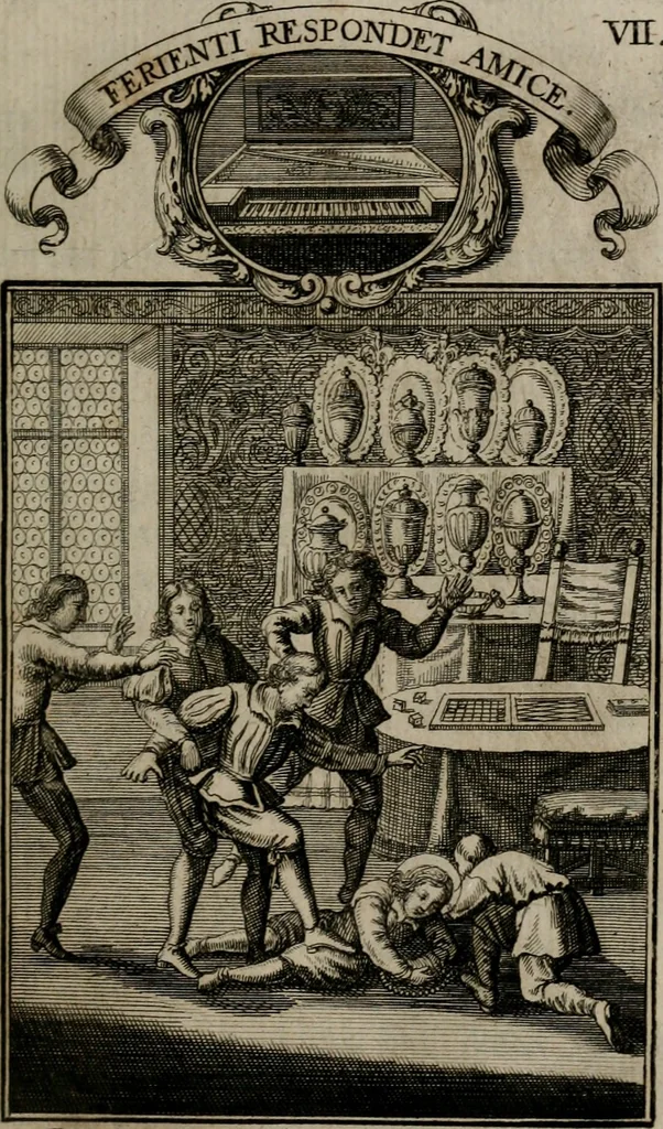 An illustration from Philosophia sacra, sive, Vita divi Stanislai Kostka, Soc. Jesu : iconismis et documentis moralibus illustr[a]ta, ac ejusdem divi praeviis apotheoseos honoribus humillimè consecrata, 1715, leaf 50