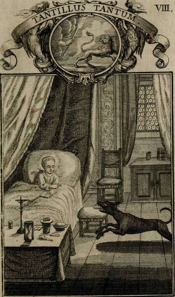 An illustration from Philosophia sacra, sive, Vita divi Stanislai Kostka, Soc. Jesu : iconismis et documentis moralibus illustr[a]ta, ac ejusdem divi praeviis apotheoseos honoribus humillimè consecrata, 1715, leaf 56