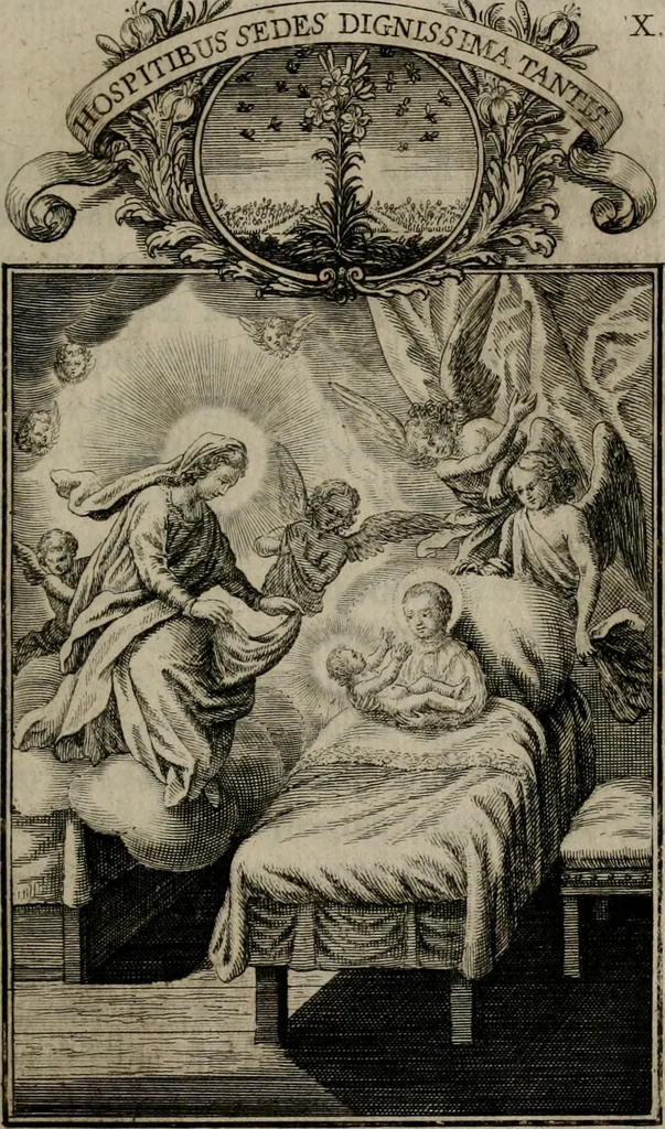 An illustration from Philosophia sacra, sive, Vita divi Stanislai Kostka, Soc. Jesu : iconismis et documentis moralibus illustr[a]ta, ac ejusdem divi praeviis apotheoseos honoribus humillimè consecrata, 1715, leaf 68