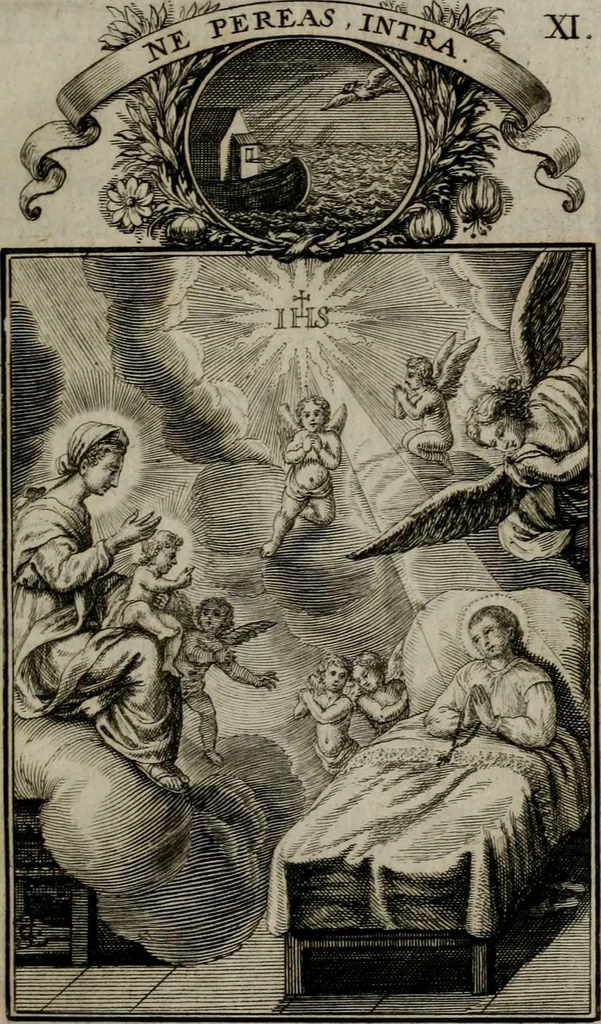 An illustration from Philosophia sacra, sive, Vita divi Stanislai Kostka, Soc. Jesu : iconismis et documentis moralibus illustr[a]ta, ac ejusdem divi praeviis apotheoseos honoribus humillimè consecrata, 1715, leaf 74
