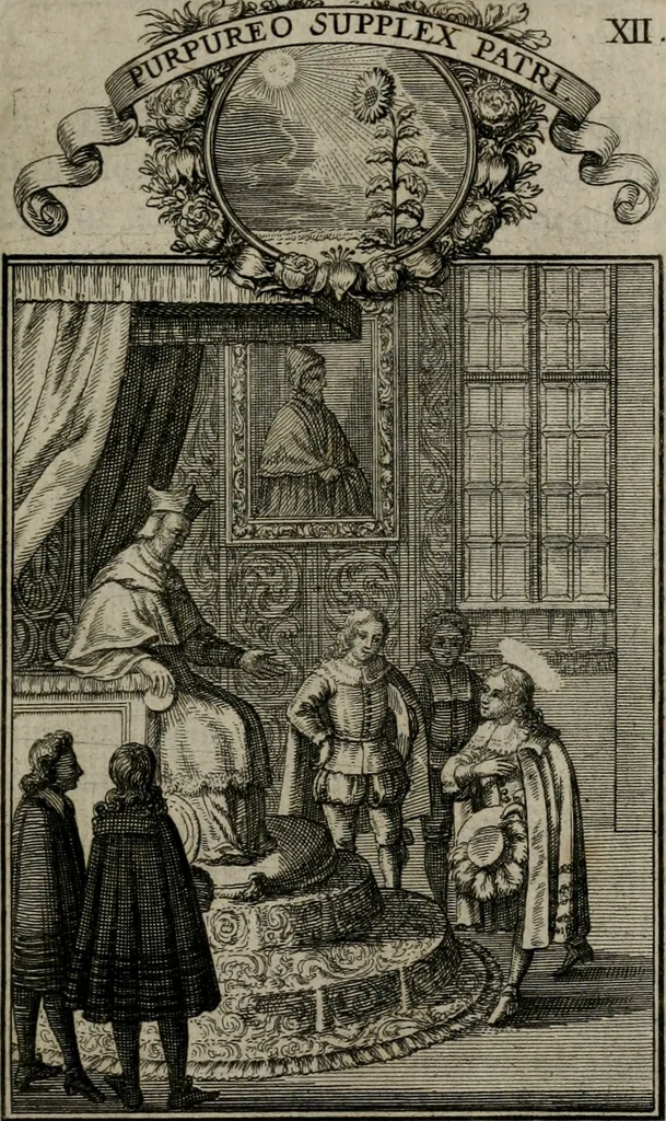 An illustration from Philosophia sacra, sive, Vita divi Stanislai Kostka, Soc. Jesu : iconismis et documentis moralibus illustr[a]ta, ac ejusdem divi praeviis apotheoseos honoribus humillimè consecrata, 1715, leaf 80