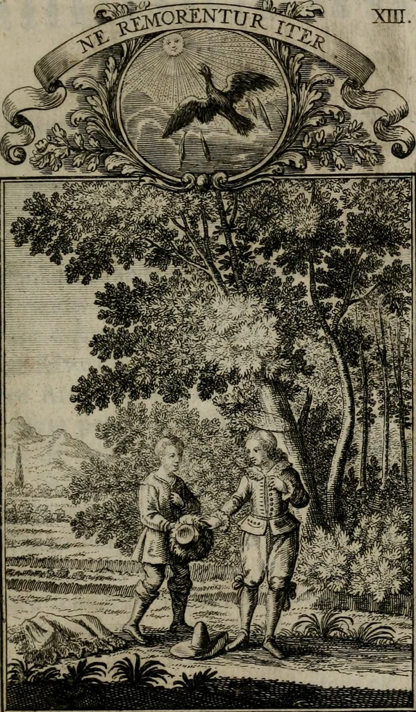 An illustration from Philosophia sacra, sive, Vita divi Stanislai Kostka, Soc. Jesu : iconismis et documentis moralibus illustr[a]ta, ac ejusdem divi praeviis apotheoseos honoribus humillimè consecrata, 1715, leaf 86