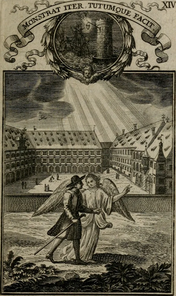 An illustration from Philosophia sacra, sive, Vita divi Stanislai Kostka, Soc. Jesu : iconismis et documentis moralibus illustr[a]ta, ac ejusdem divi praeviis apotheoseos honoribus humillimè consecrata, 1715, leaf 98