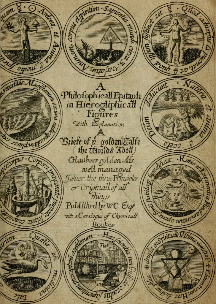 An illustration from The philosophical epitaph of W.C. Esquire, for a memento mori on his tomb-stone ... Also, A brief of the golden calf (the worlds idol) ..., 1675, leaf 6