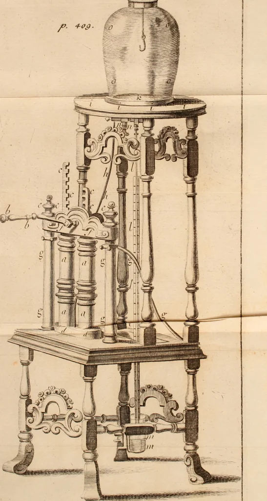 An illustration from The philosophical works of the Honourable Robert Boyle esq.: abridged, methodized, and disposed under the general heads of physics, statics, pneumatics, natural history, chymistry, and medicine, 1725, leaf 439