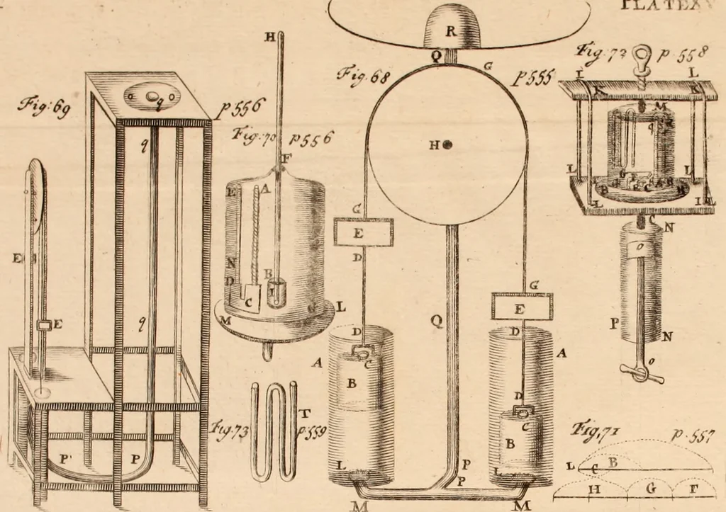 An illustration from The philosophical works of the Honourable Robert Boyle esq.: abridged, methodized, and disposed under the general heads of physics, statics, pneumatics, natural history, chymistry, and medicine, 1725, leaf 606