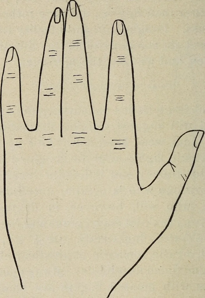 An illustration from Philosophic chiromancy. Mysteries of the hand revealed and explained: the art of determining, from an inspection of the hands, the person's temperature, appetites, passions, impulses, aspirations, mental endowments, character and tendencies, 1879, leaf 89