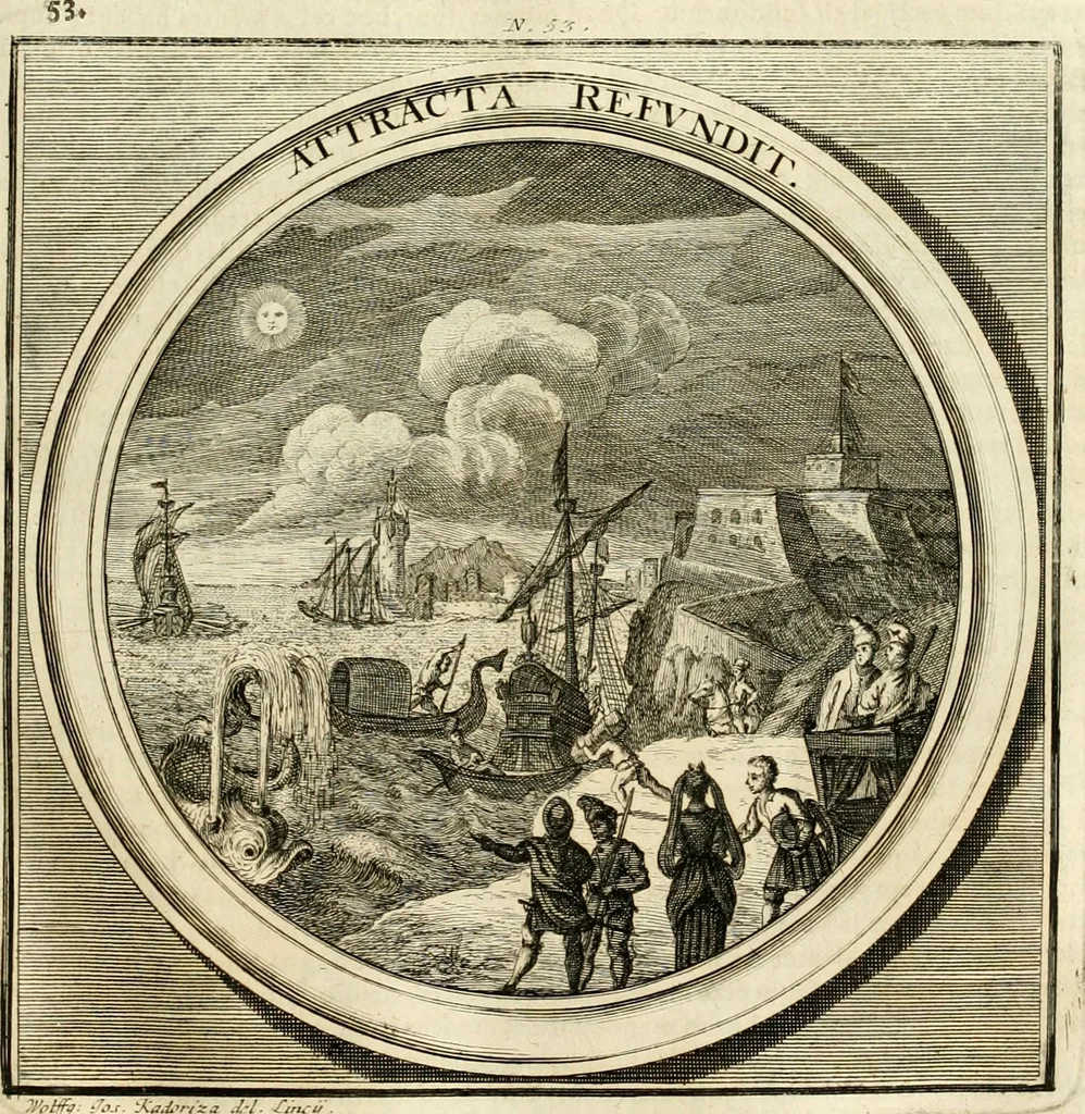 An illustration from Meteorologia philosophico-politica : in duodecim dissertationes per quaestiones meteorologicas & conclusiones politicas divisa, appositisque symbolis illustrata ..., 1698, leaf 190