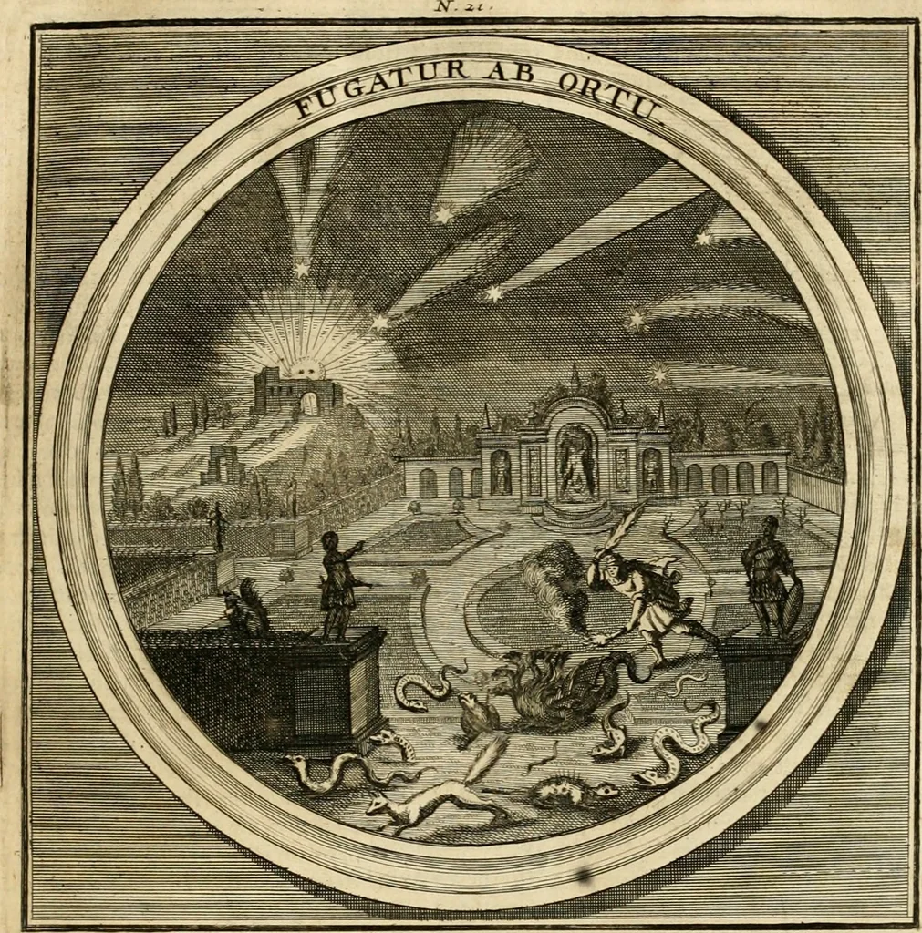 An illustration from Meteorologia philosophico-politica : in duodecim dissertationes per quaestiones meteorologicas & conclusiones politicas divisa, appositisque symbolis illustrata ..., 1698, leaf 76