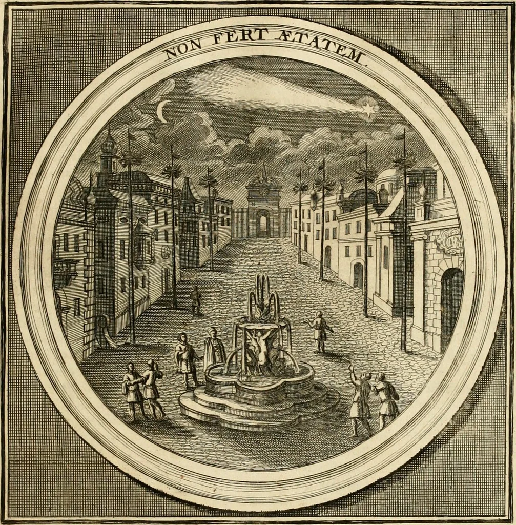 An illustration from Meteorologia philosophico-politica : in duodecim dissertationes per quaestiones meteorologicas & conclusiones politicas divisa, appositisque symbolis illustrata ..., 1698, leaf 80