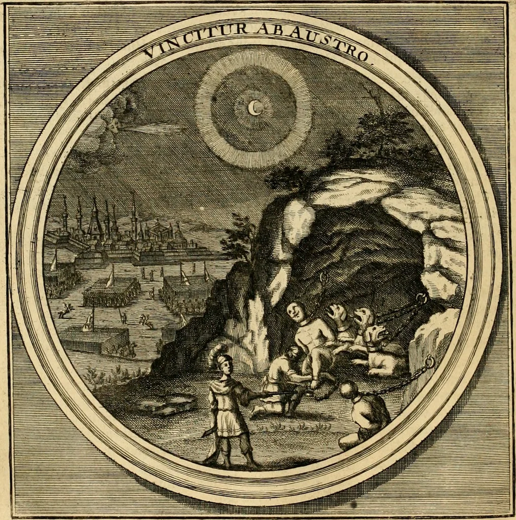 An illustration from Meteorologia philosophico-politica : in duodecim dissertationes per quaestiones meteorologicas & conclusiones politicas divisa, appositisque symbolis illustrata ..., 1698, leaf 95