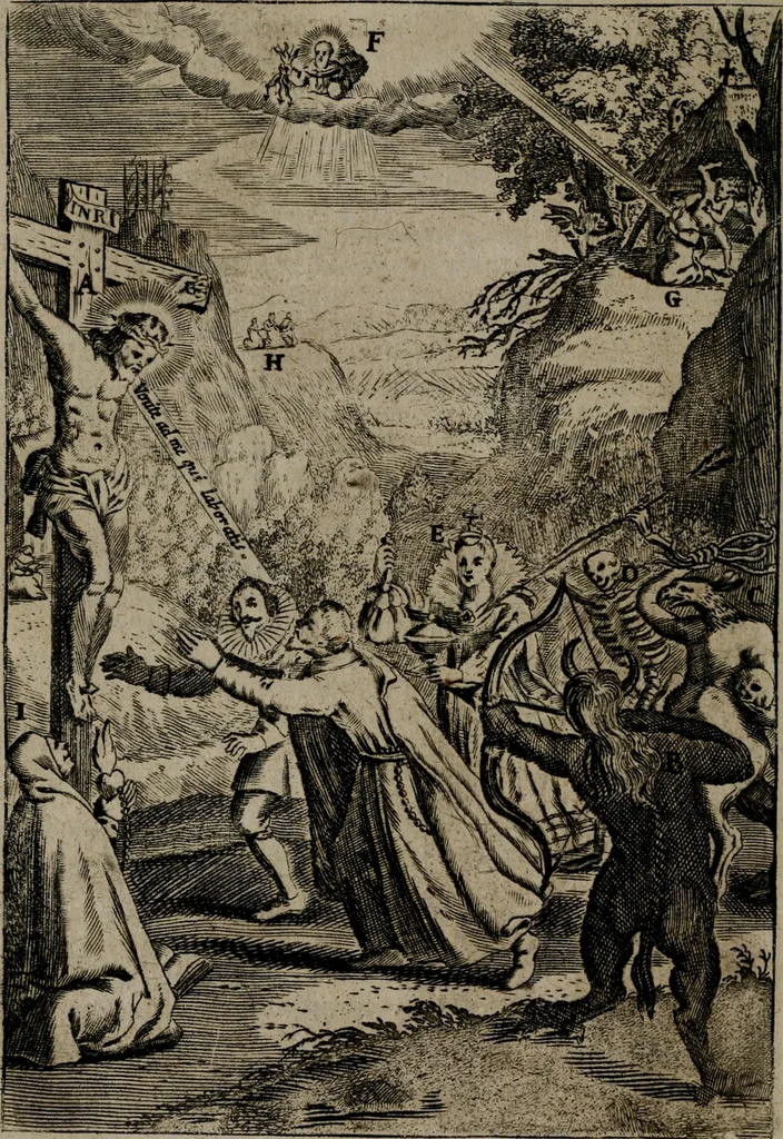 An illustration from Piæ considerationes ad declinandvm à malo et faciendvm bonvm, cum iconibus Viæ vitæ æernæ, 1672, leaf 115