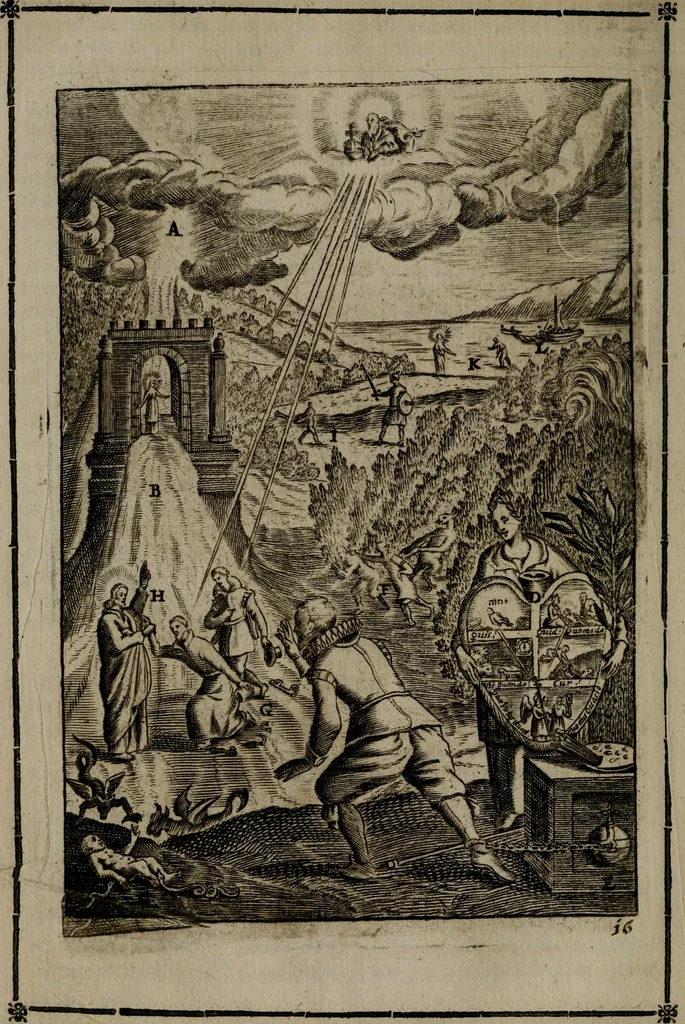 An illustration from Piæ considerationes ad declinandvm à malo et faciendvm bonvm, cum iconibus Viæ vitæ æernæ, 1672, leaf 75