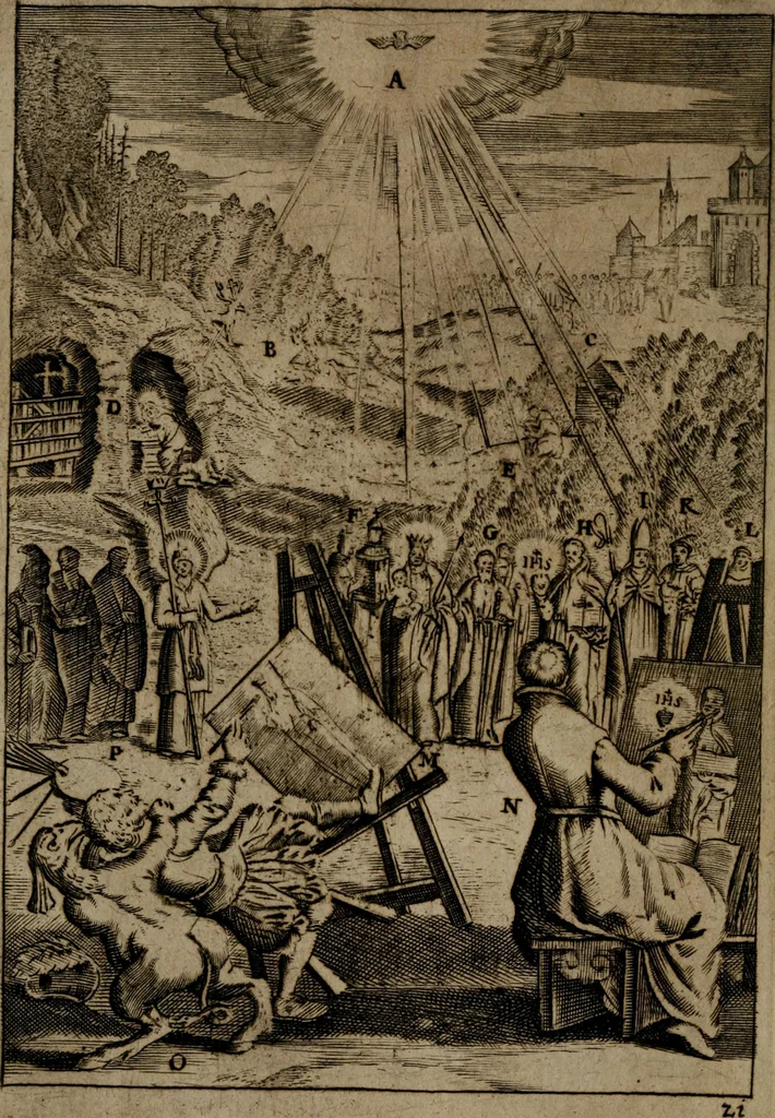 An illustration from Piæ considerationes ad declinandvm à malo et faciendvm bonvm, cum iconibus Viæ vitæ æernæ, 1672, leaf 95