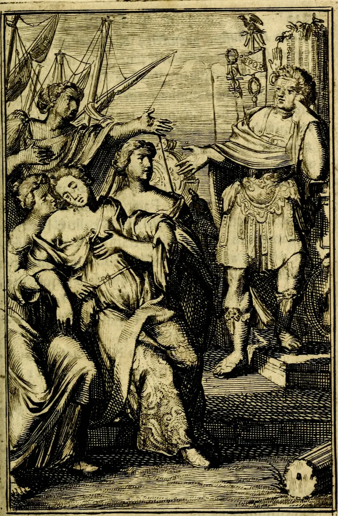 An illustration from Pictura loquens; sive, Heroicarum tabularum Hadriani Schoonebeeck, enarratio et explicatio, 1695, leaf 252
