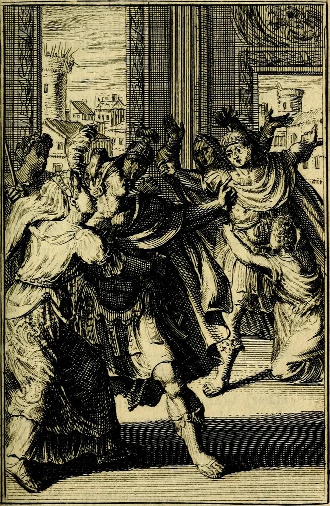 An illustration from Pictura loquens; sive, Heroicarum tabularum Hadriani Schoonebeeck, enarratio et explicatio, 1695, leaf 96
