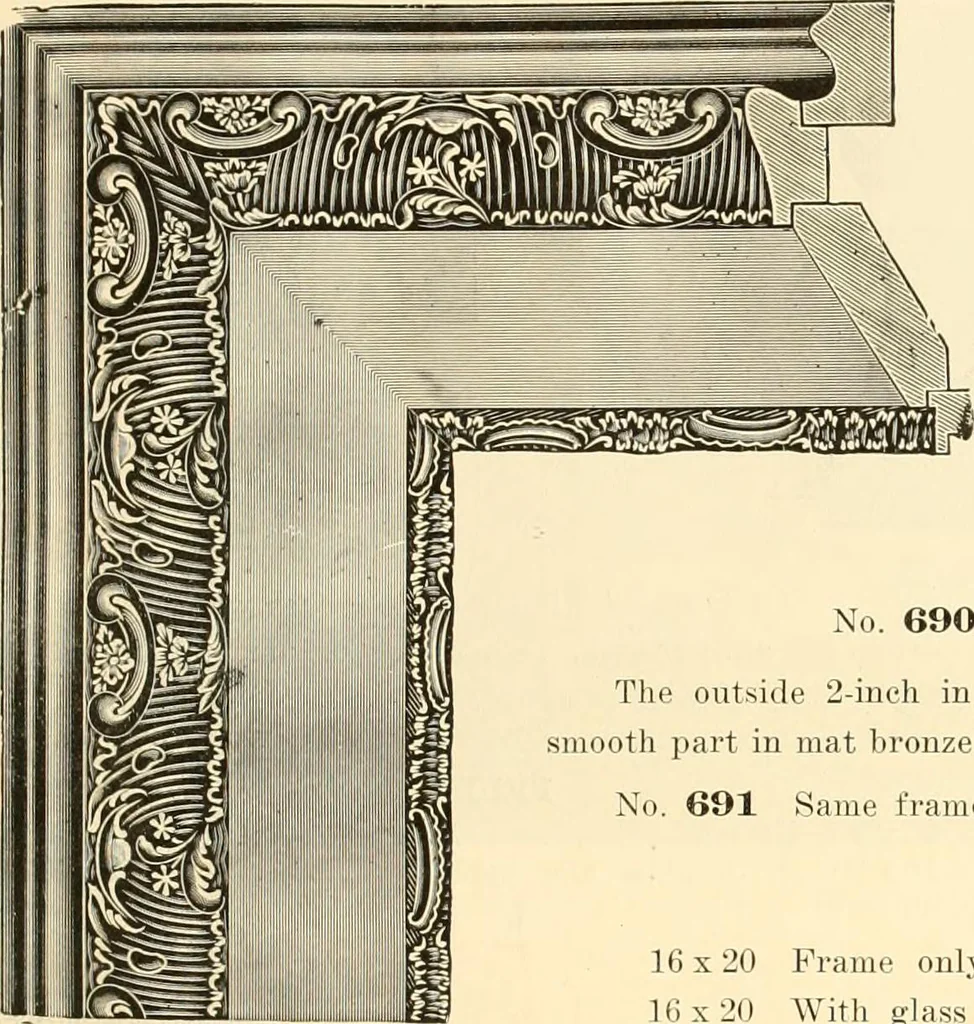 An illustration from Picture frame mouldings, room mouldings, framed pictures, trays, lamps, imported novelties and specialties for the furniture trade, mirrors, picture hardware, fine gold gilding, portrait frames, artist materials and mat boards / Walter L. Lillie., 1913, leaf 102