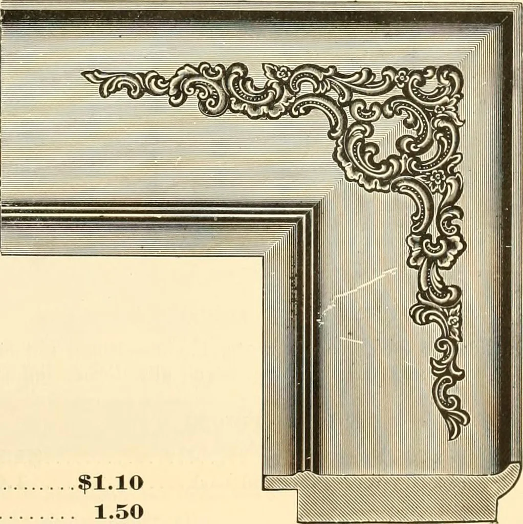 An illustration from Picture frame mouldings, room mouldings, framed pictures, trays, lamps, imported novelties and specialties for the furniture trade, mirrors, picture hardware, fine gold gilding, portrait frames, artist materials and mat boards / Walter L. Lillie., 1913, leaf 102