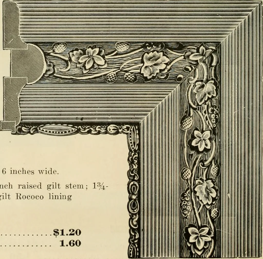 An illustration from Picture frame mouldings, room mouldings, framed pictures, trays, lamps, imported novelties and specialties for the furniture trade, mirrors, picture hardware, fine gold gilding, portrait frames, artist materials and mat boards / Walter L. Lillie., 1913, leaf 103