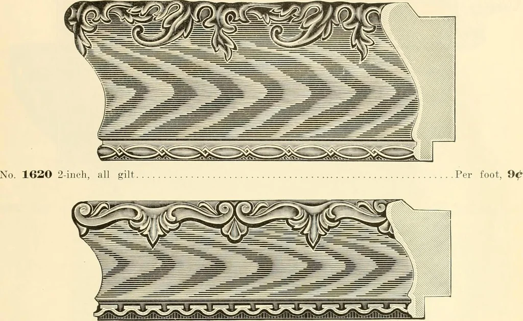 An illustration from Picture frame mouldings, room mouldings, framed pictures, trays, lamps, imported novelties and specialties for the furniture trade, mirrors, picture hardware, fine gold gilding, portrait frames, artist materials and mat boards / Walter L. Lillie., 1913, leaf 34