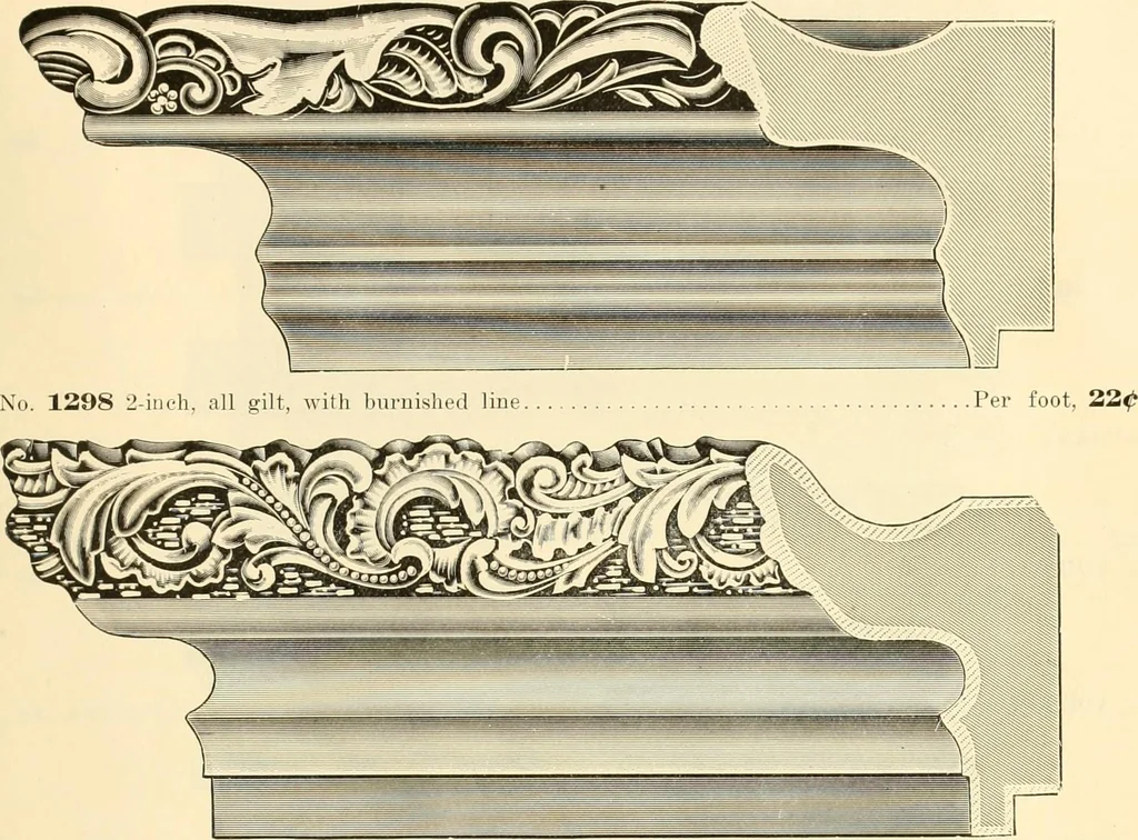 An illustration from Picture frame mouldings, room mouldings, framed pictures, trays, lamps, imported novelties and specialties for the furniture trade, mirrors, picture hardware, fine gold gilding, portrait frames, artist materials and mat boards / Walter L. Lillie., 1913, leaf 38