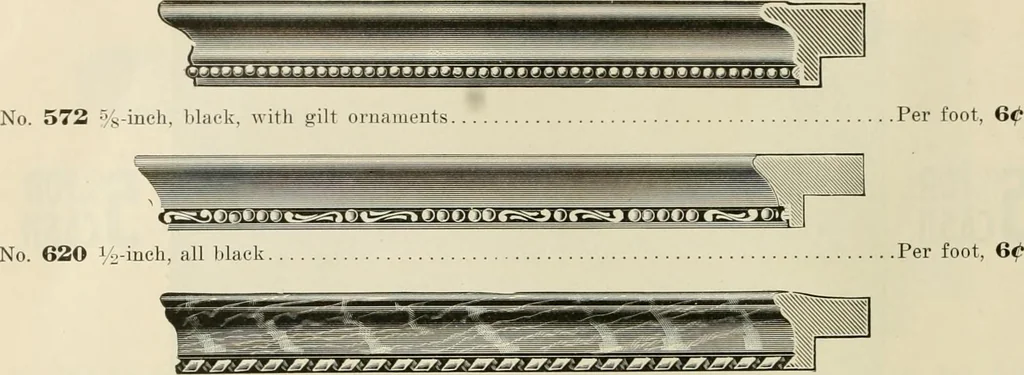 An illustration from Picture frame mouldings, room mouldings, framed pictures, trays, lamps, imported novelties and specialties for the furniture trade, mirrors, picture hardware, fine gold gilding, portrait frames, artist materials and mat boards / Walter L. Lillie., 1913, leaf 49
