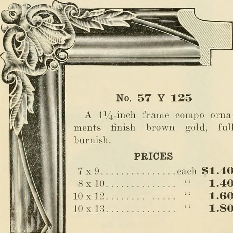 An illustration from Picture frame mouldings, room mouldings, framed pictures, trays, lamps, imported novelties and specialties for the furniture trade, mirrors, picture hardware, fine gold gilding, portrait frames, artist materials and mat boards / Walter L. Lillie., 1913, leaf 83