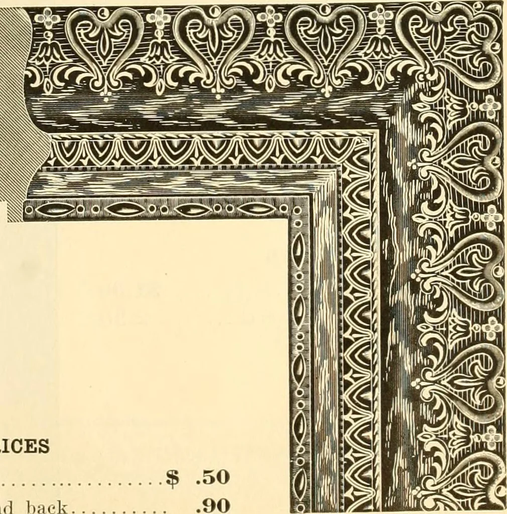 An illustration from Picture frame mouldings, room mouldings, framed pictures, trays, lamps, imported novelties and specialties for the furniture trade, mirrors, picture hardware, fine gold gilding, portrait frames, artist materials and mat boards / Walter L. Lillie., 1913, leaf 98